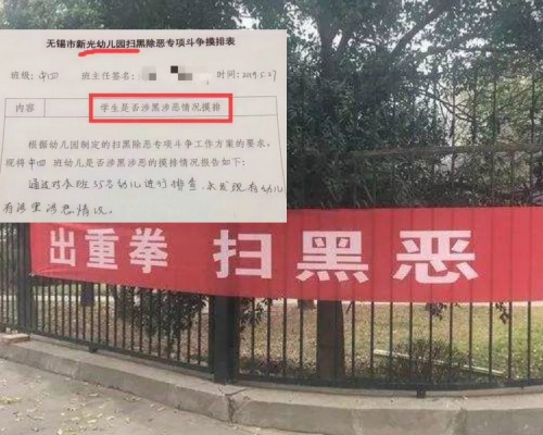 江蘇有幼兒園掃黑調查到去學童。網上圖片