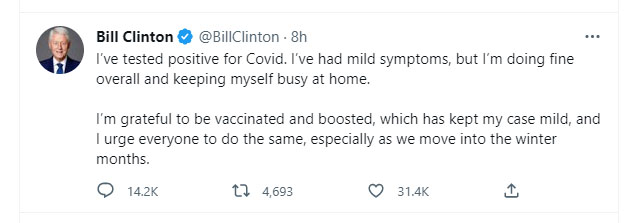 克林頓在Twitter指自己確診新冠肺炎。Twitter圖