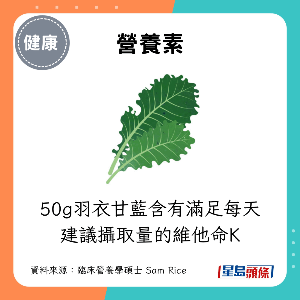 50g羽衣甘藍含有滿足每天建議攝取量的維他命K