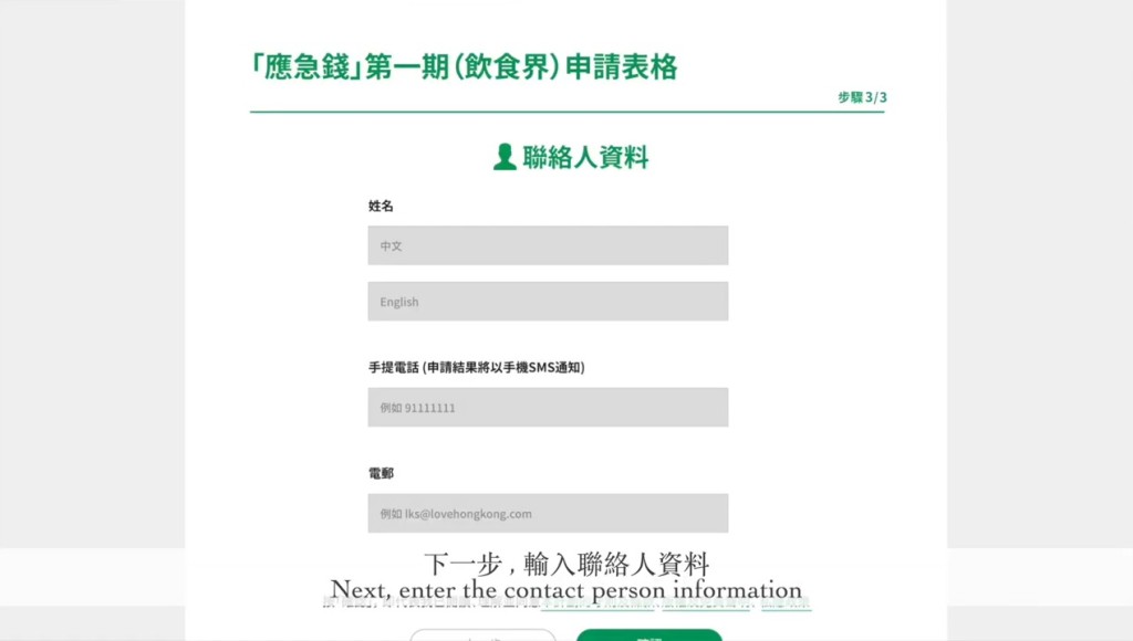 網上申請頁面。影片截圖