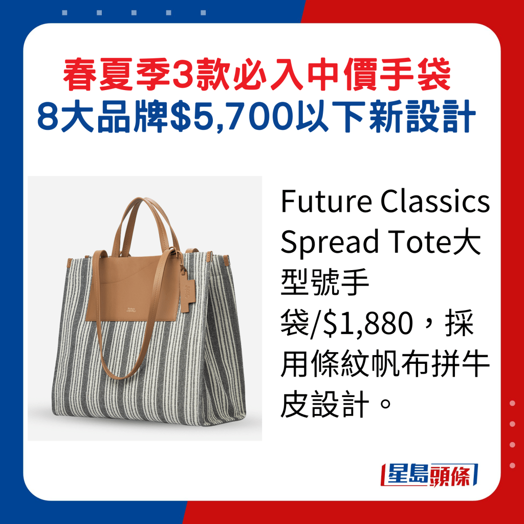 Future Classics Spread Tote大型號手袋/$1,880，採用條紋帆布拼牛皮設計。