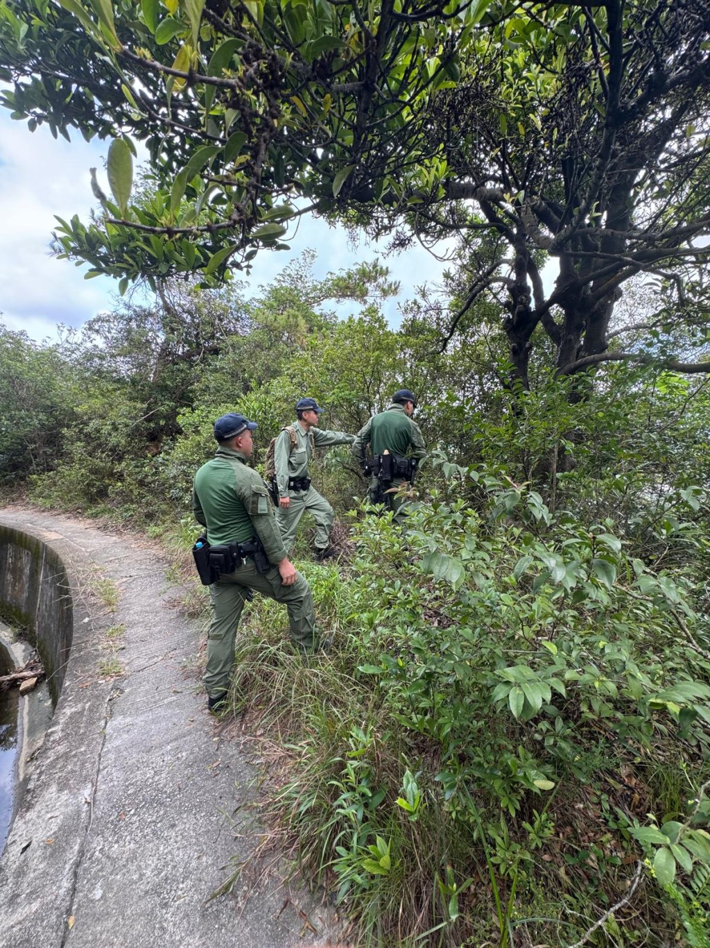 警方在香港島山頂郊區一帶鄰近住宅的山坡及附近密林進行高調巡邏及搜捕行動。 警方在香港島山頂郊區一帶鄰近住宅的山坡及附近密林進行高調巡邏及搜捕行動。