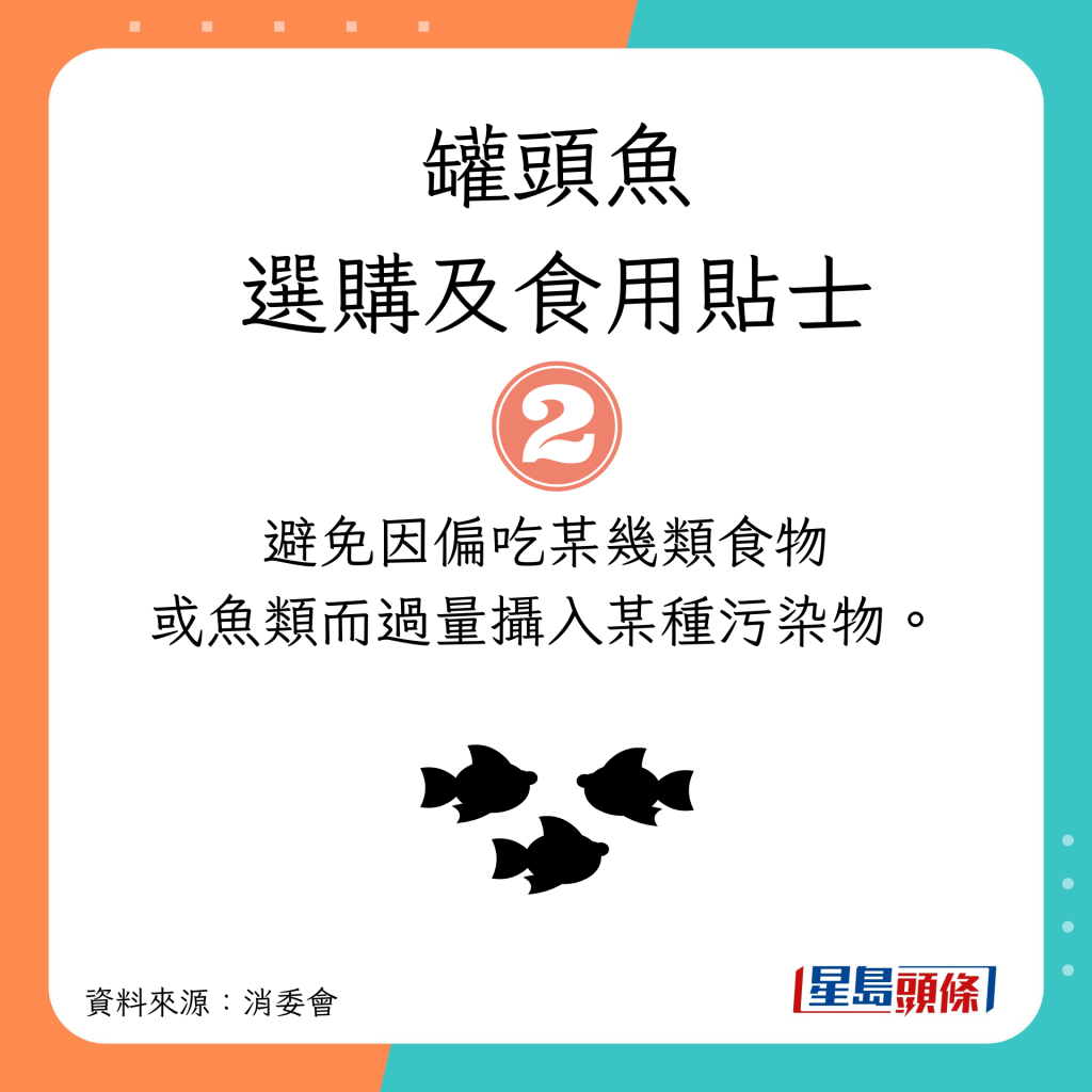 消委會選購罐頭魚及食用貼士｜避免因偏吃某幾類食物或魚類而過量攝入某種污染物。