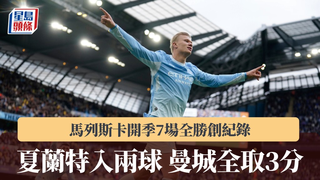 英超｜夏蘭特入兩球助曼城全取3分 馬列斯卡開季7場全勝創紀錄。美聯社