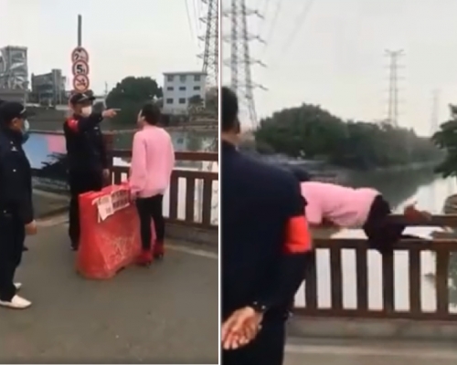 涉事女子情緒激動，與工作人員爭吵不果後直接跳下橋欄。網上圖片