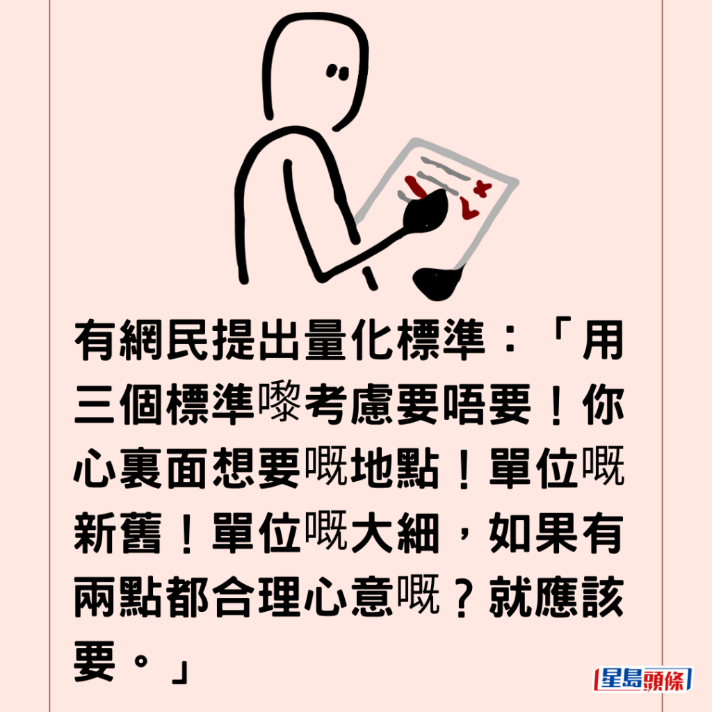  有網民提出量化標準：「用三個標準嚟考慮要唔要！你心裏面想要嘅地點！單位嘅新舊！單位嘅大細，如果有兩點都合理心意嘅？就應該要。」