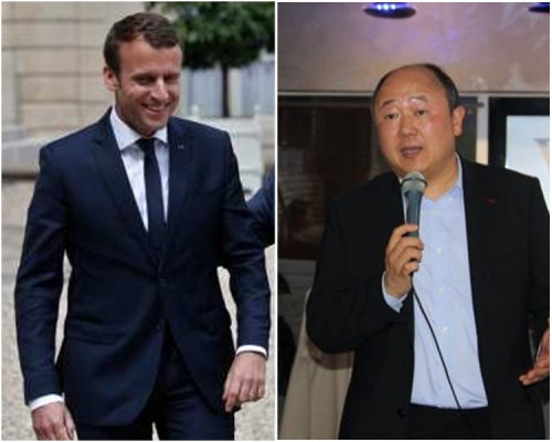 圖右,陳文雄有望成為法國首位華裔國會議員。圖左為馬克龍。