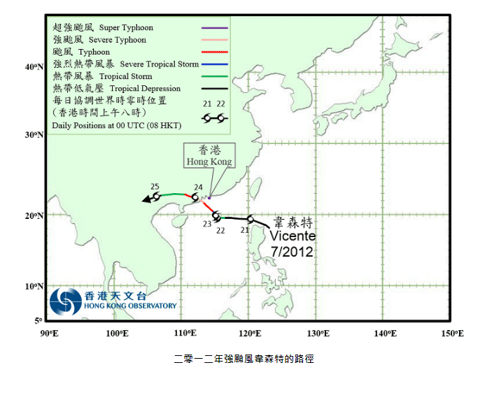 2012年強颱風韋森特的路徑。天文台