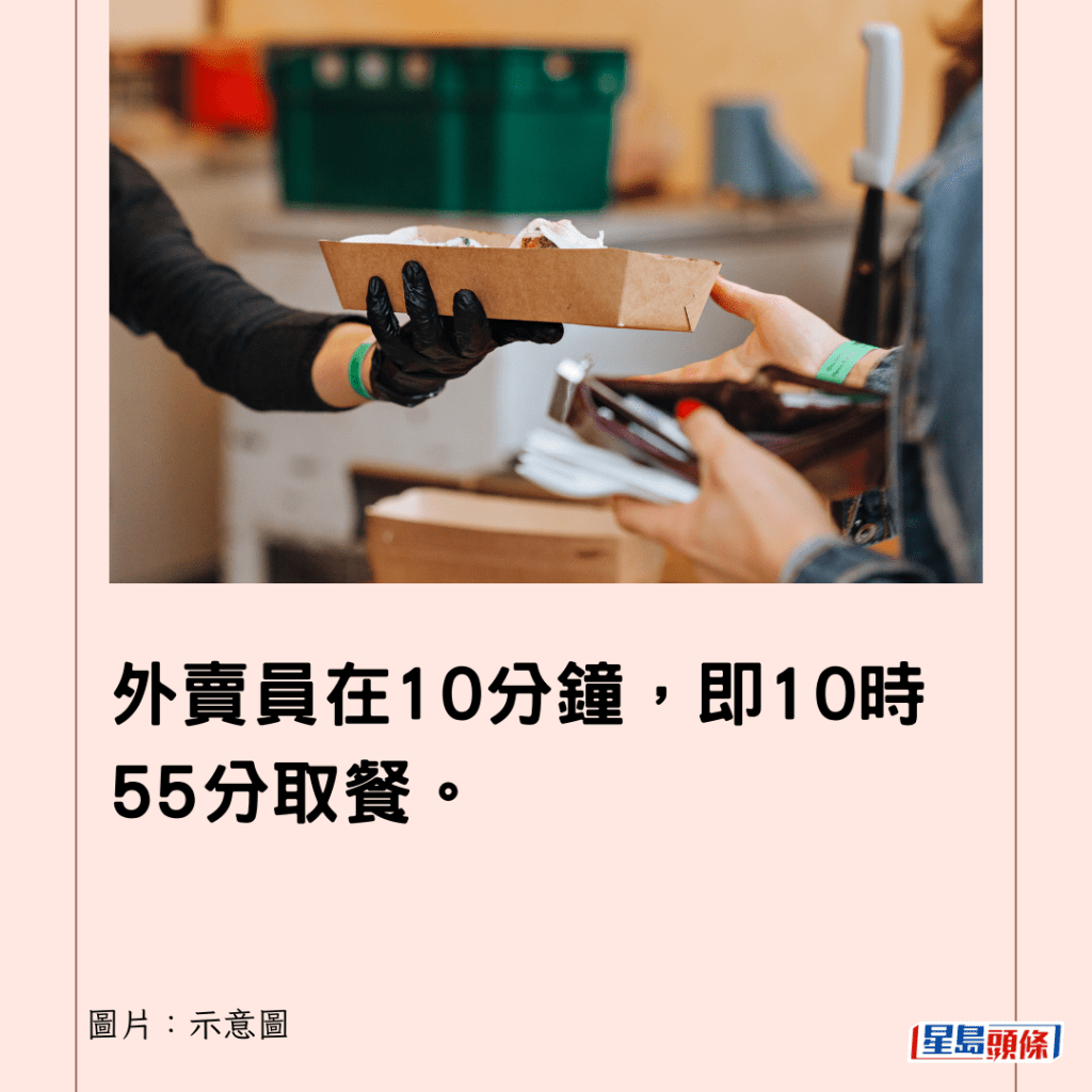 外賣員在10分鐘，即10時55分取餐。