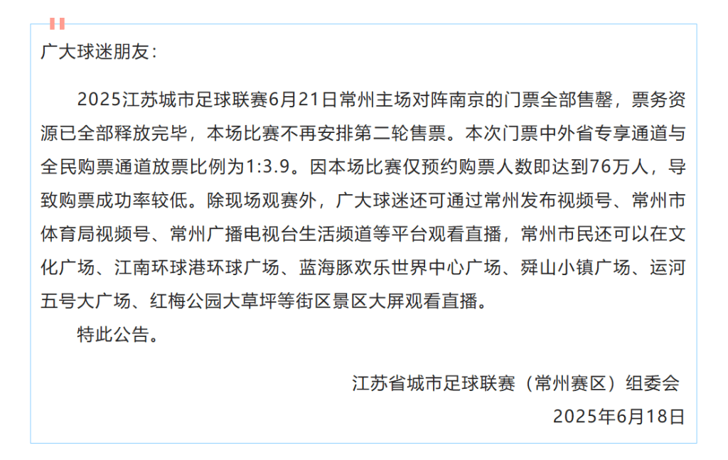 常州隊主場戰南京隊,有76萬人預約購票。微博 常州隊主場戰南京隊,有76萬人預約購票。微博