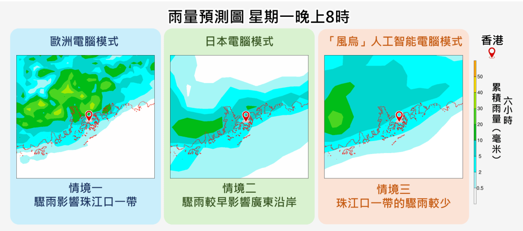 不同電腦模式預測伴隨冷鋒的驟雨影響位置存在不確定性。天文台 不同電腦模式預測伴隨冷鋒的驟雨影響位置存在不確定性。天文台