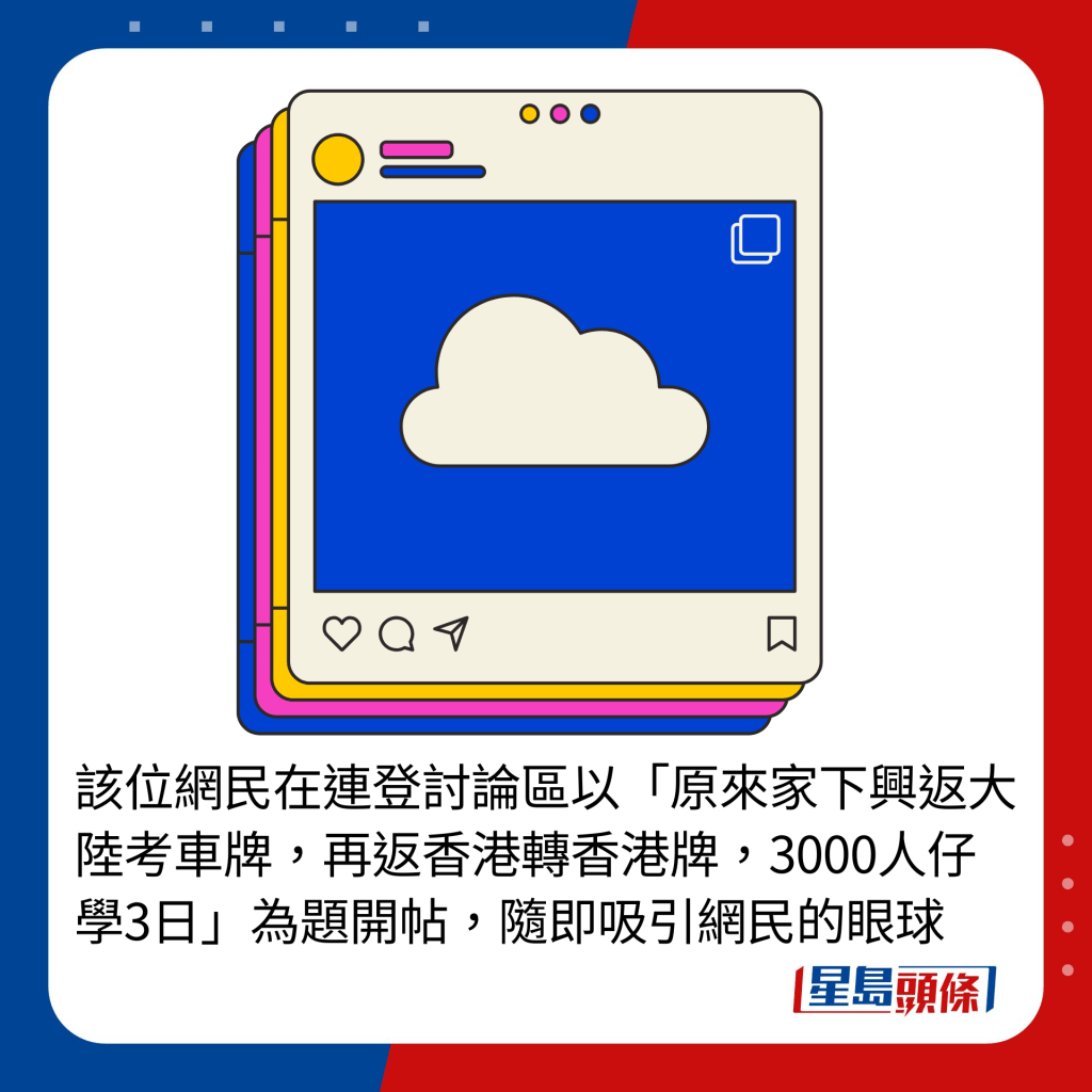 该位网民在连登讨论区以「原来家下兴返大陆考车牌，再返香港转香港牌，3000人仔学3日」为题开帖，随即吸引网民的眼球