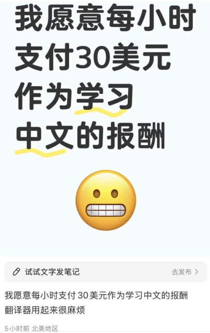 許多外國網民在小紅書上發文稱「我願意每小時支付30美元作為學習中文的報酬」。