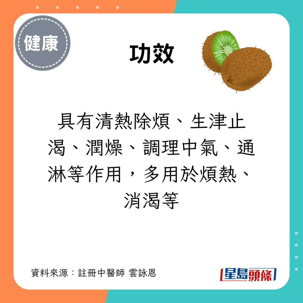 處暑節氣養生食物｜3. 奇異果：具有清熱除煩、生津止渴、潤燥、調理中氣、通淋等作用，多用於煩熱、消渴等