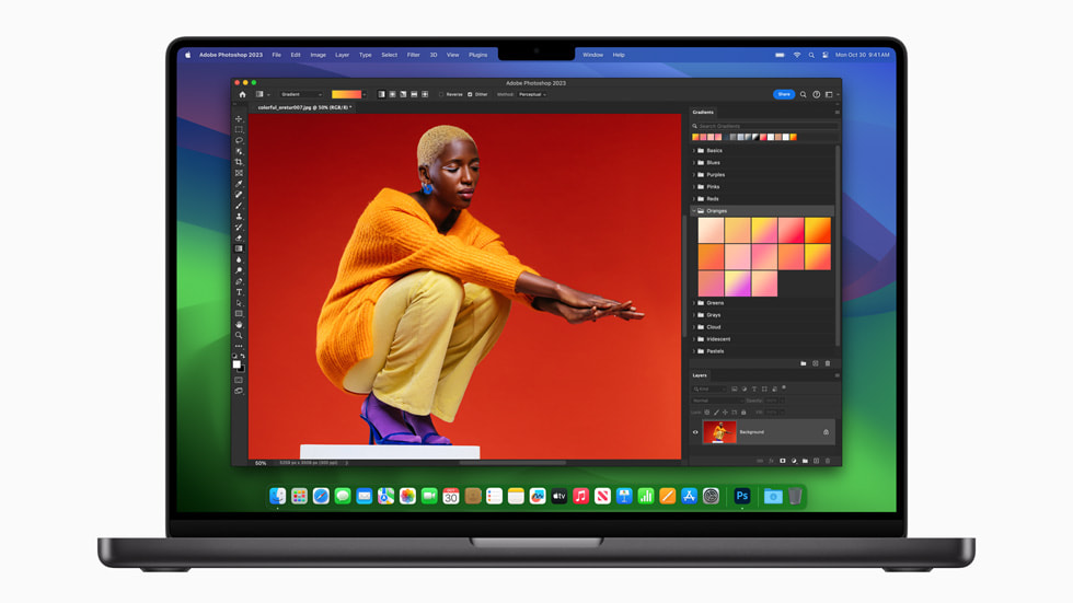 MacBook Pro在《Adob​​e Photoshop》中提供更快速的滤镜和功能表现。苹果官网