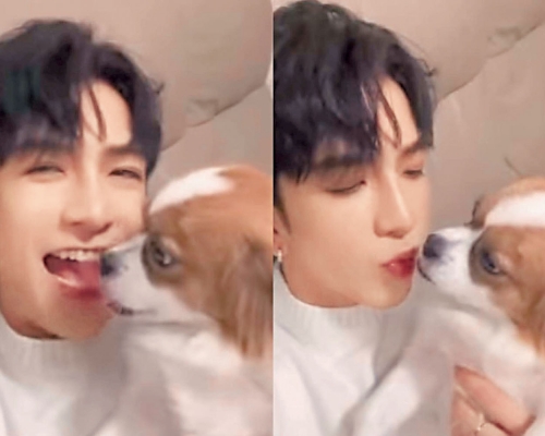 教主與愛犬Amber親親,令神徒們大表「葡萄」。
