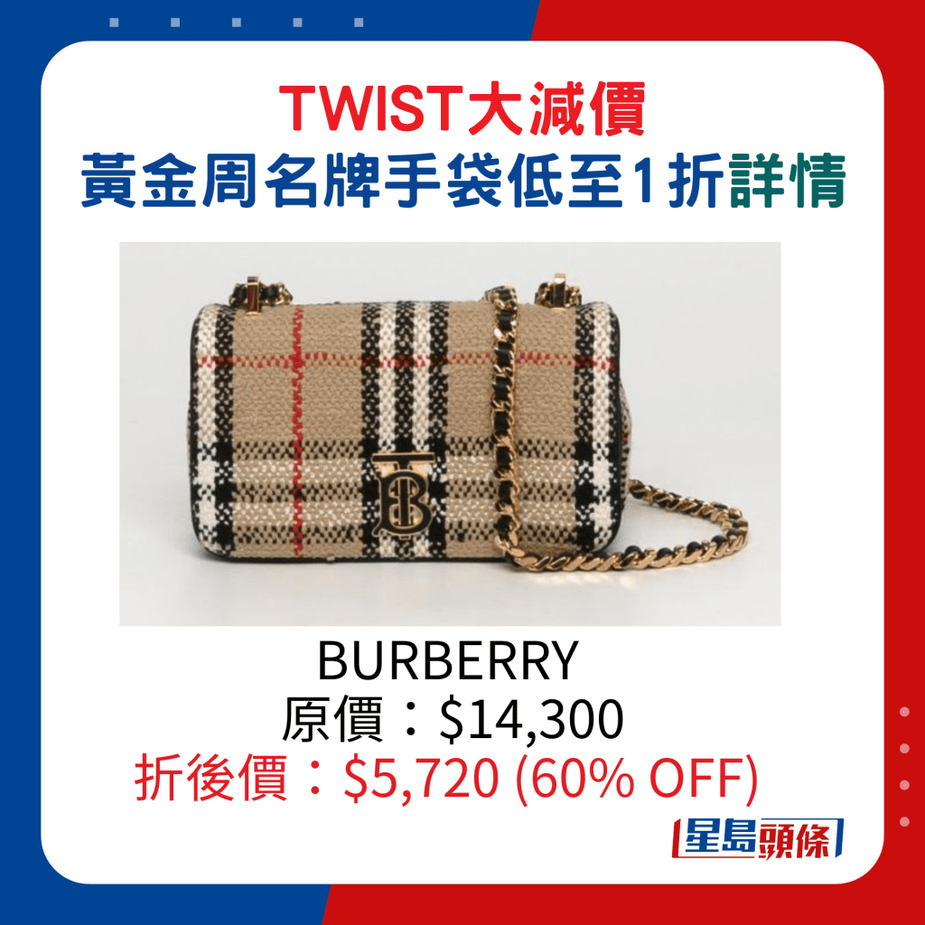 BURBERRY原价：$14,300、折后价：$5,720 (60% OFF)