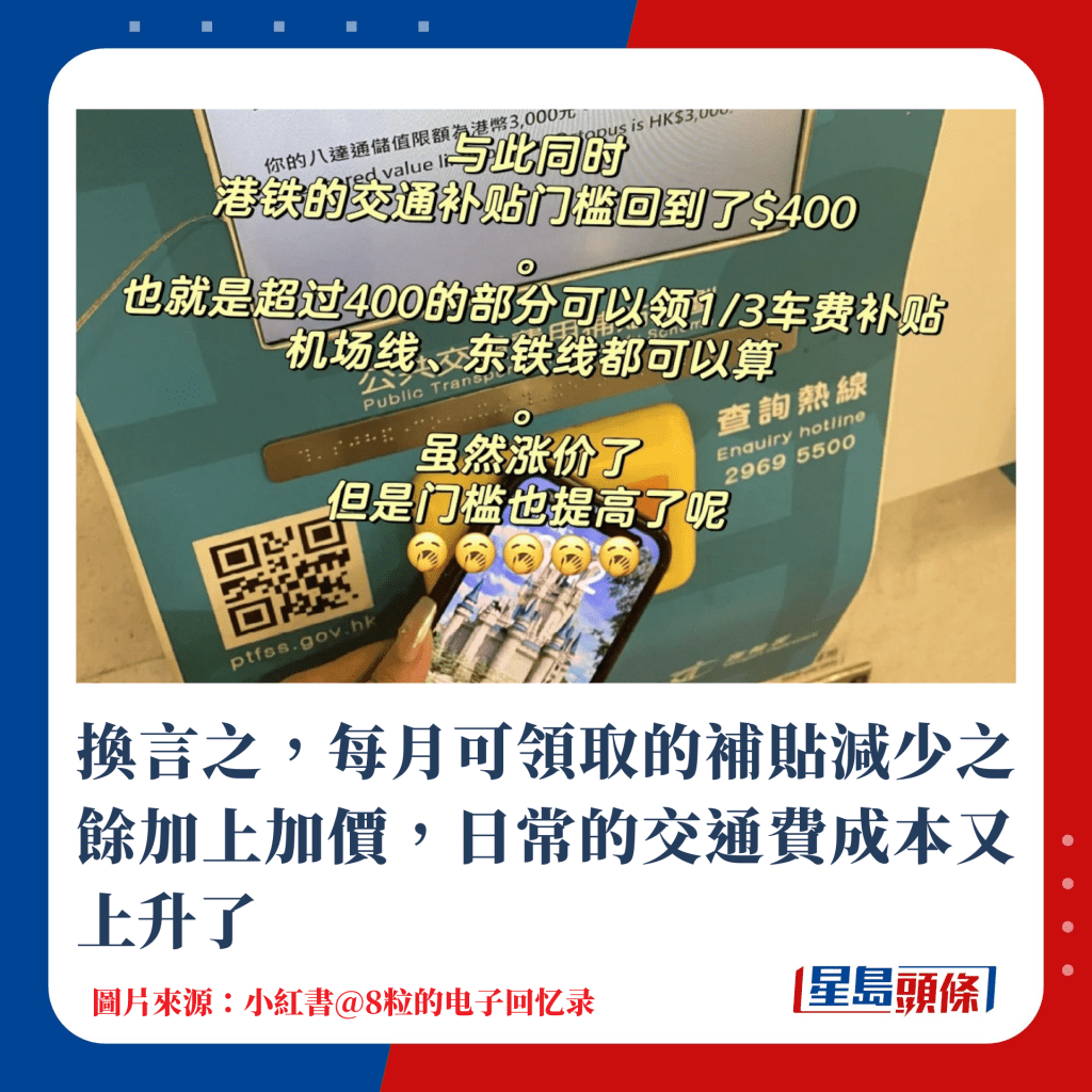 换言之，每月可领取的补贴减少之馀加上加价，日常的交通费成本又上升了