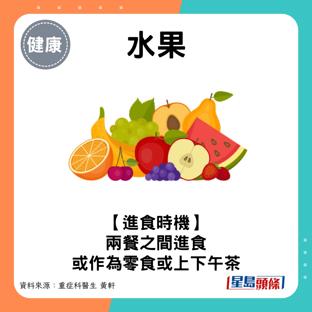 水果进食时机：两餐之间，或作为零食或上下午茶。
