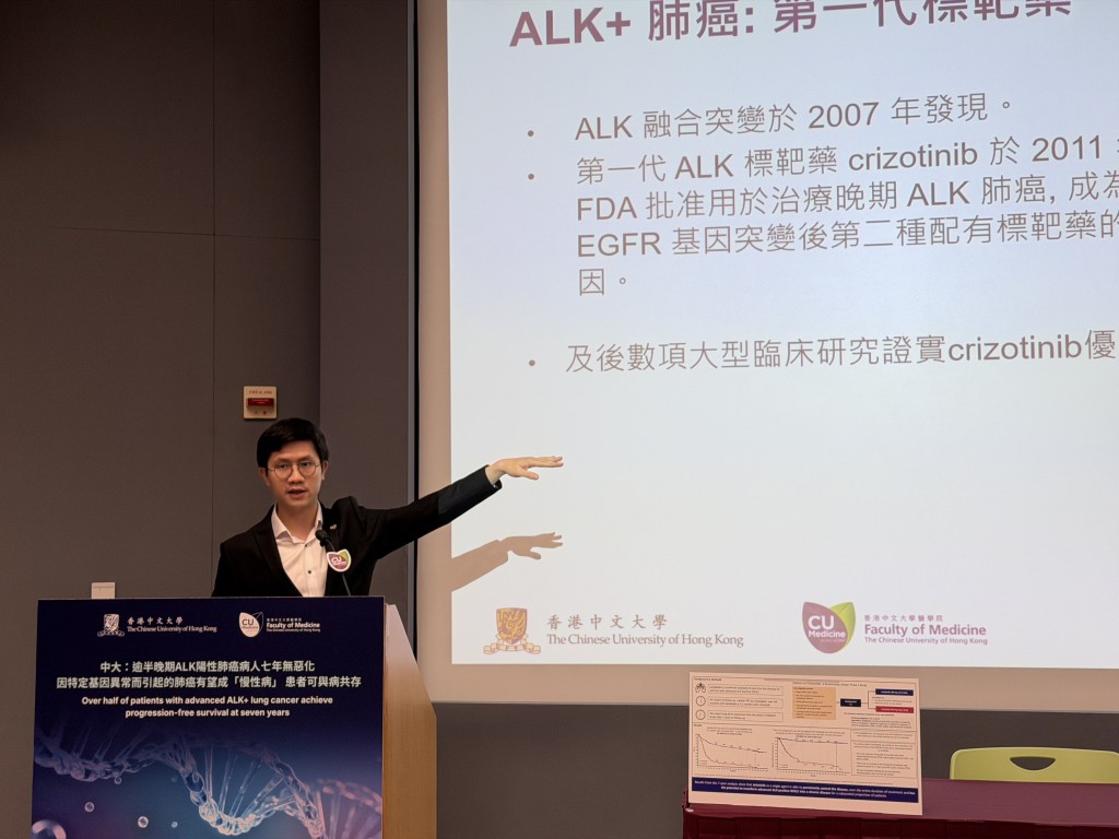 李兆澄指出,由於第一、二、三代標靶藥都沒有專利,目前這款第三代標靶藥的價格大約為每月四至五萬港元。佘丹薇攝 李兆澄指出,由於第一、二、三代標靶藥都沒有專利,目前這款第三代標靶藥的價格大約為每月四至五萬港元。佘丹薇攝