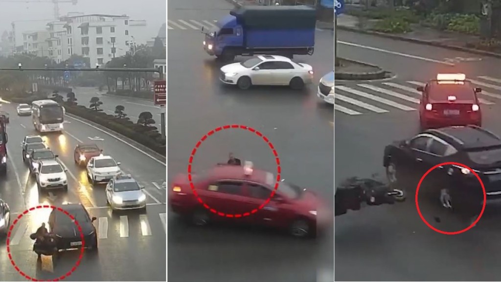 廣西桂林有電動單車男司機，1分鐘內兩闖紅燈，致被3車撞倒但大難不死。