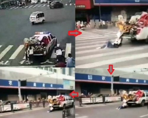 女子發現電單車被帶走後,捉緊城管車尾,後來被拖行數十米(網上圖片)