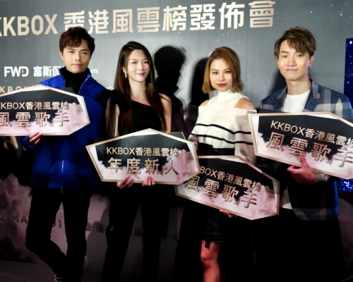(左起)张敬轩、曾乐彤、李幸倪及陈柏宇出席《KKBOX 香港风云榜》发布会。
