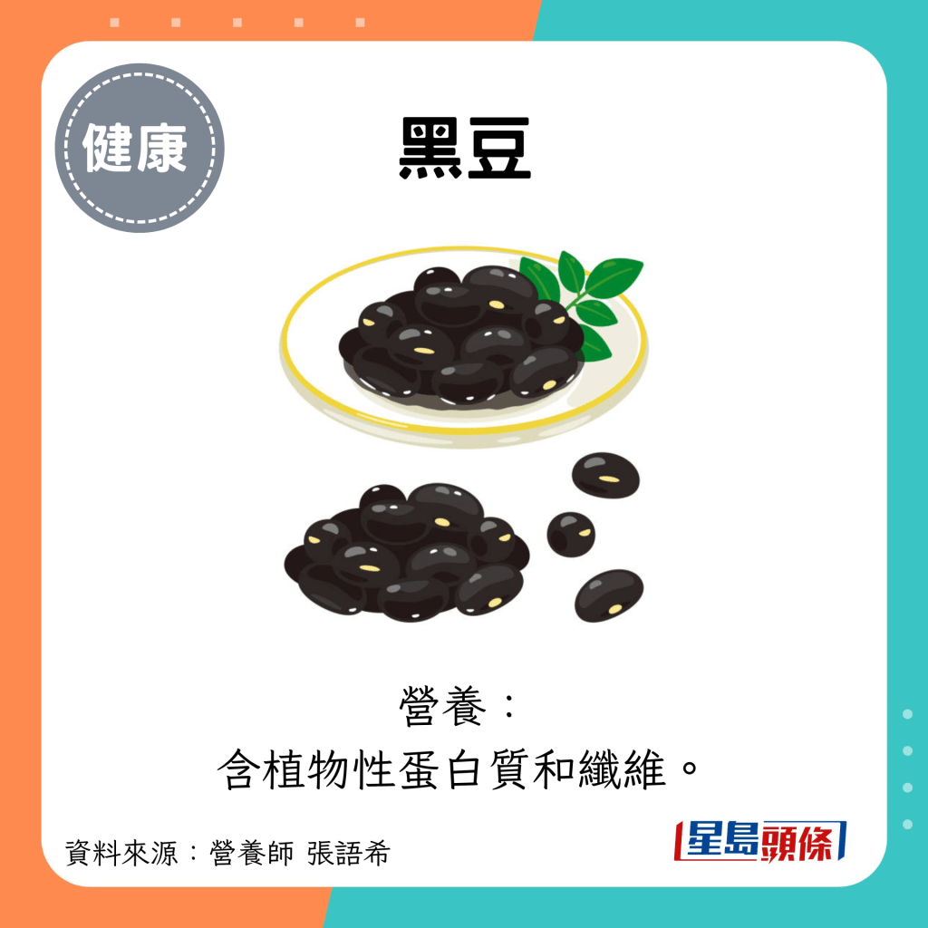 黑豆：營養： 含植物性蛋白質和纖維。