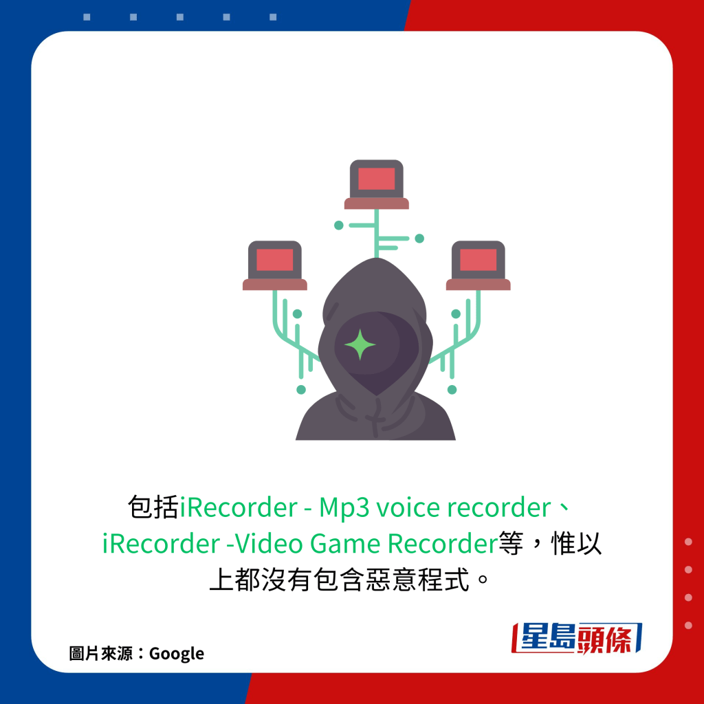 包括iRecorder - Mp3 voice recorder、iRecorder -Video Game Recorder等，惟以上都沒有包含惡意程式。