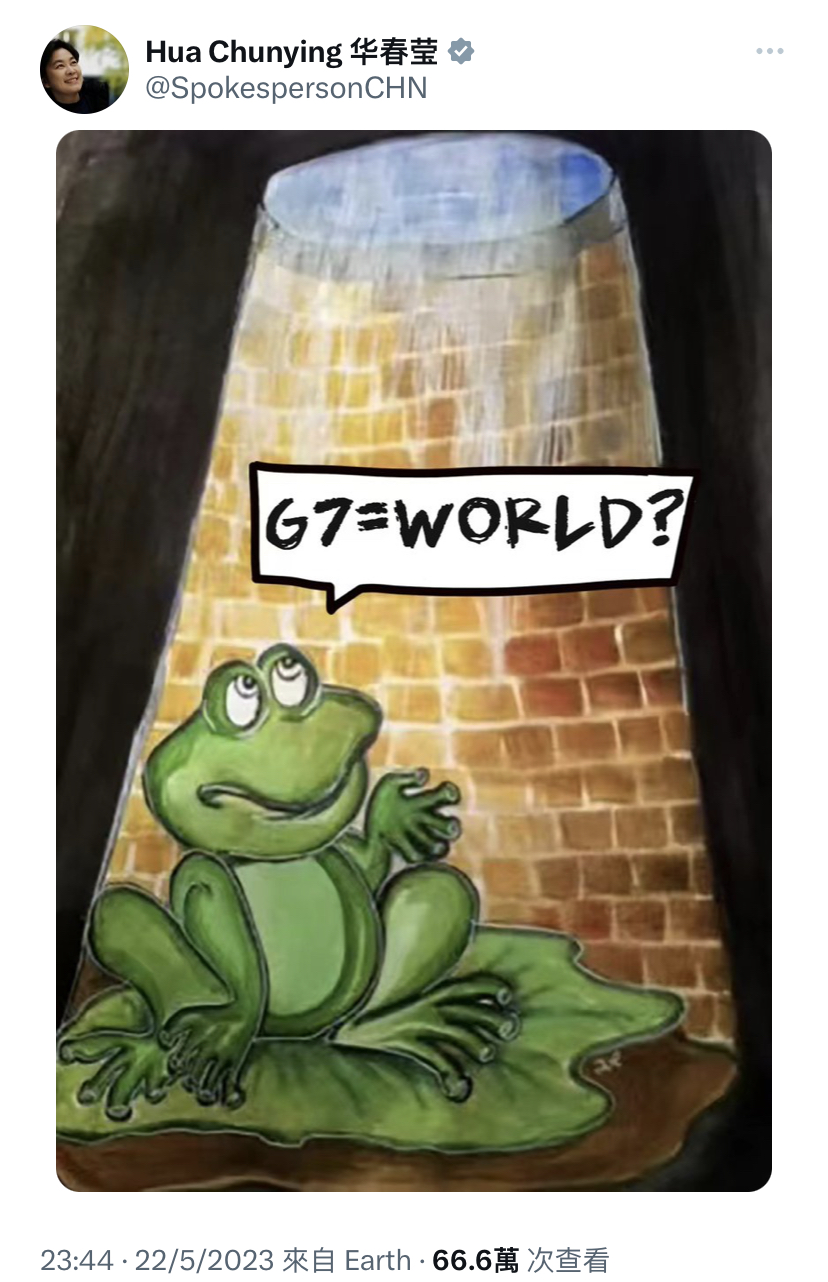 华春莹Twitter发井底之蛙图讽刺G7自以为代表全世界。
