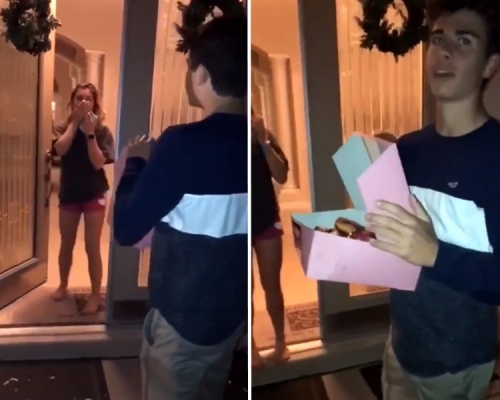 美國一名17歲男高中生日前想邀請一位女同學一同出席學校舞會，誰知與友人上錯門，一名陌生女子前來應門。　影片截圖