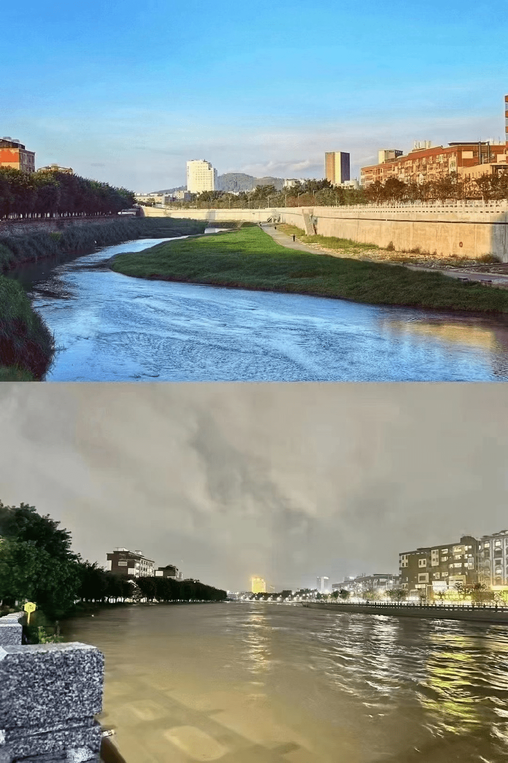 网民发布照片显示深圳一地区水浸前后比较。