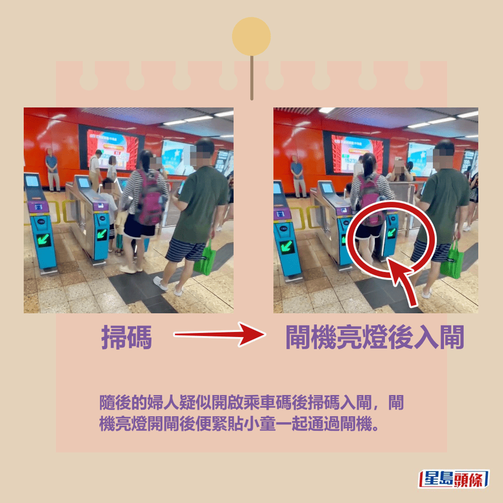  隨後的婦人疑似開啟乘車碼後掃碼入閘，閘 機亮燈開閘後便緊貼小童一起通過閘機。Threads截圖