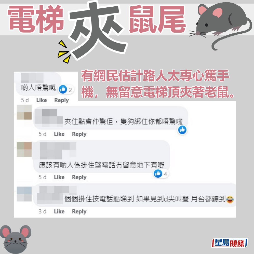有網民估計路人太專心篤手機，無留意電梯頂夾著老鼠。fb「屯門友」截圖