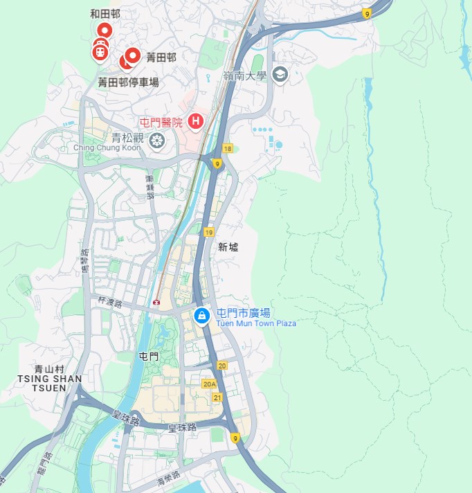 公屋菁田邨及和田邨位於屯門西北部。Ｇoogle地圖截圖