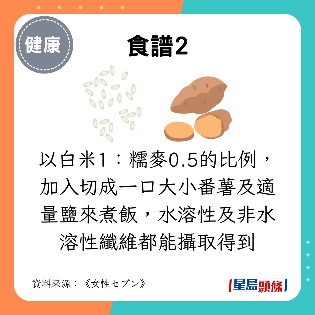 食譜2：以白米1：糯麥0.5的比例，加入切成一口大小番薯及適量鹽來煮飯，水溶性及非水溶性纖維都能攝取得到