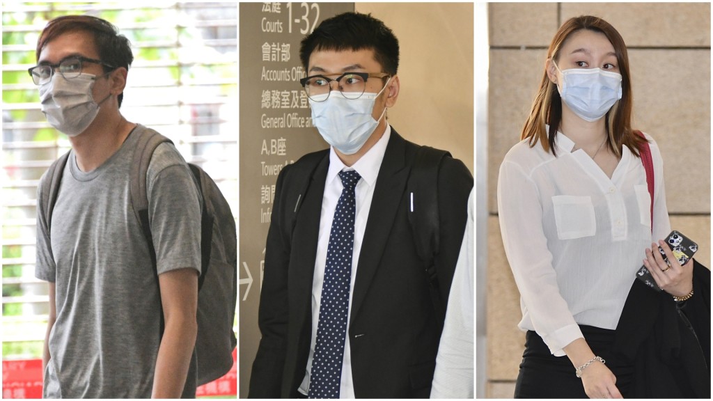 14名被告包括左起何英杰、冼宏俊和林诗雅被裁定意图妨碍司法公正罪罪成。资料图片
