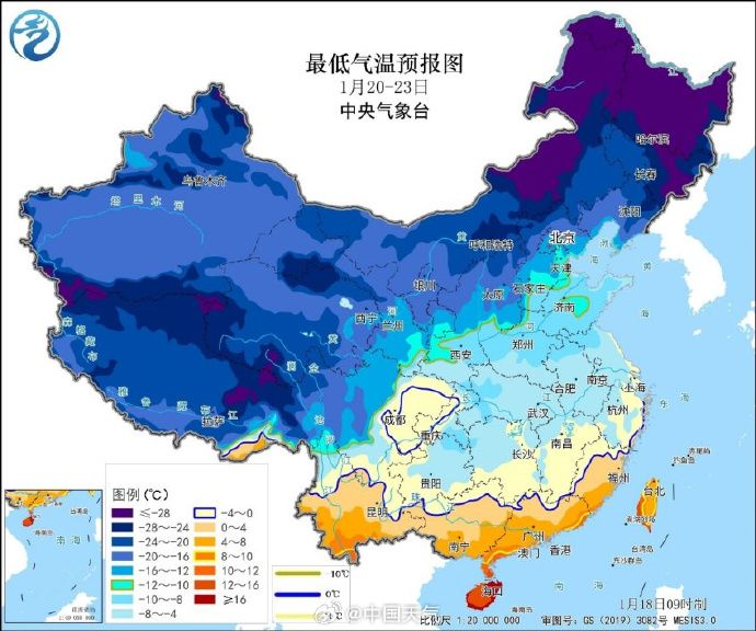 20至23日中國大陸最低氣溫預報圖。 中國天氣