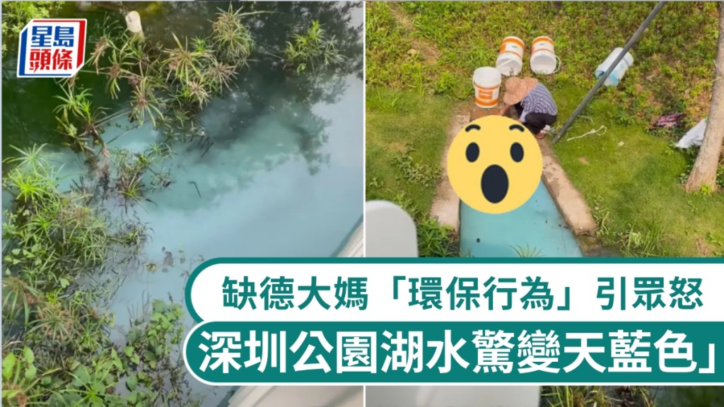 深圳公園湖水驚變天藍色，與缺德大媽一「環保行為」有關。