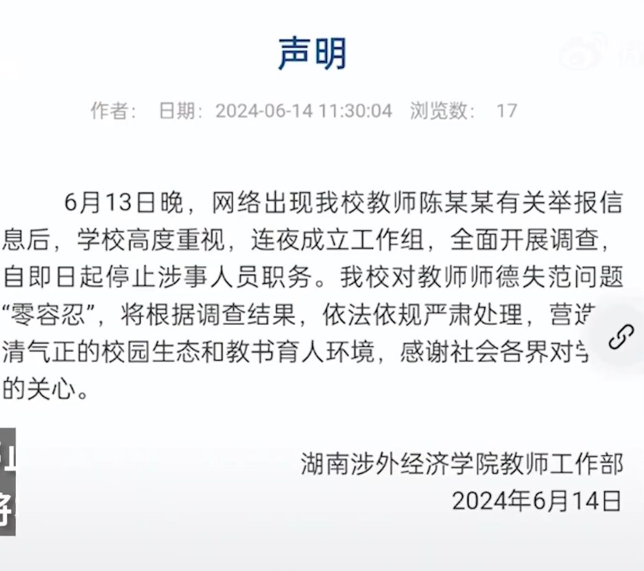 湖南涉外经济学院教师工作部声明。