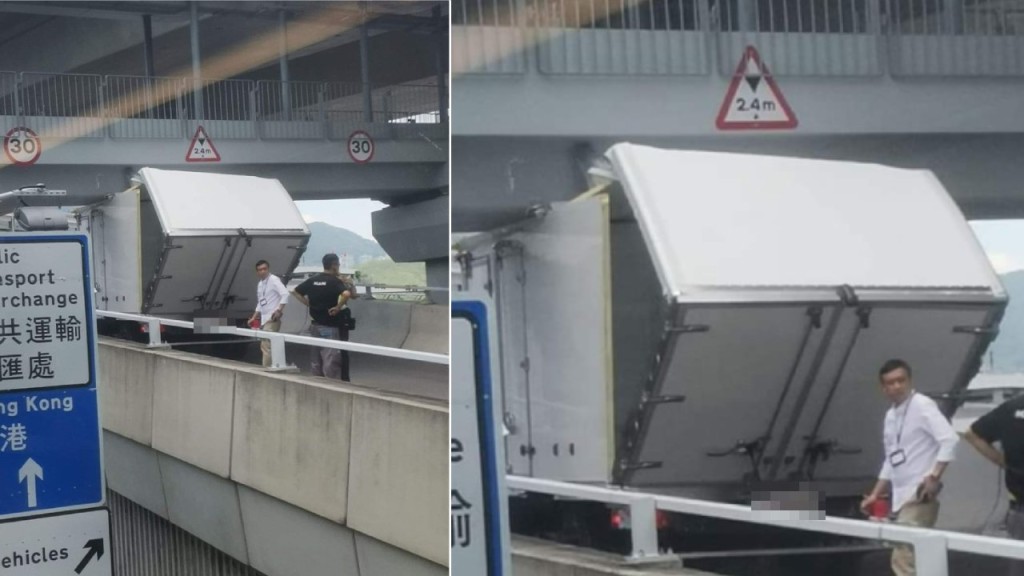 香園圍管制站貨車過高撞橋 車斗遭扯裂。車cam L（香港群組）FB