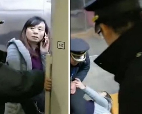 女子指老公仍未上車,以腳卡着車門阻止開車。