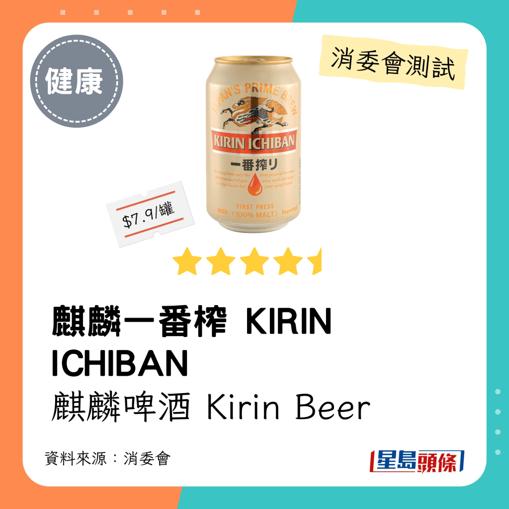 消委會啤酒檢測名單：麒麟一番榨啤酒 Kirin Ichiban Beer（4.5星）