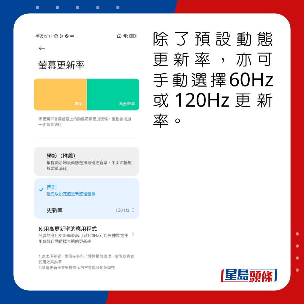 除了预设动态更新率，亦可手动选择60Hz或120Hz更新率。