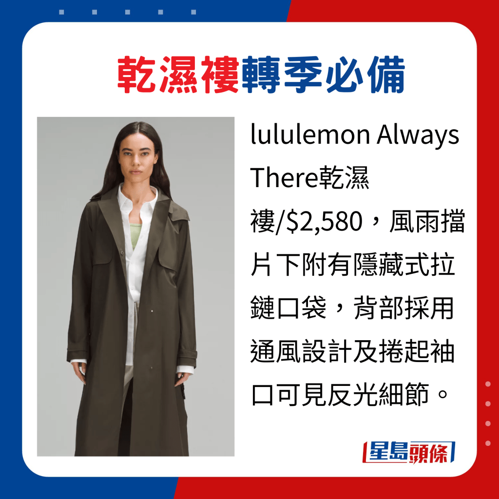 lululemon Always There乾濕褸/$2,580，風雨擋片下附有隱藏式拉鏈口袋，背部採用通風設計及捲起袖口可見反光細節。