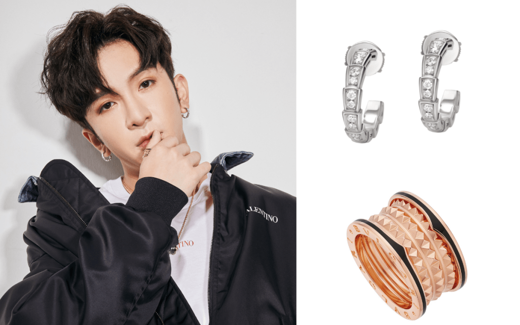 Mirror 成員 Anson Lo 佩戴 BVGLARI 珠寶出席《調教你MIRROR》記者會。（Serpenti Viper 系列 18K 白金鑲鑽耳環、B.zero1 Rock 系列 18K 玫瑰金四螺旋戒指，螺旋飾以鉚釘，外緣鑲飾黑色陶瓷。)