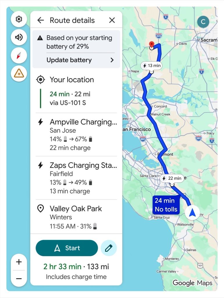 Google Maps会按电量在途中加入充电站建议，并提供充电时间参考。