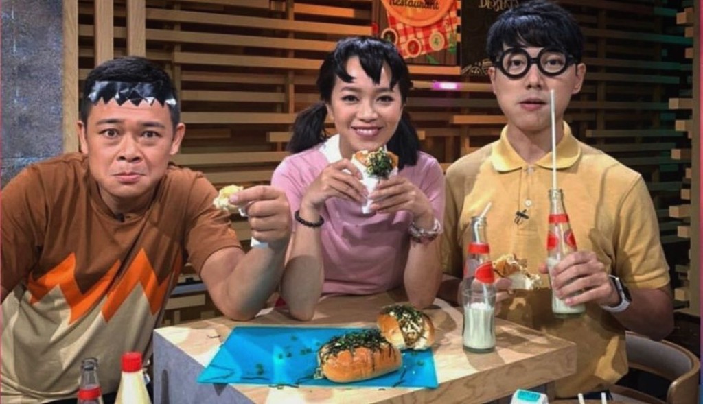 (左起)梁祖堯、Hailey同BabyJohn拍《晚吹-空肚講宵夜》好受歡迎。