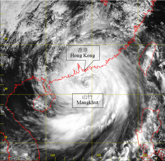  2018 年 9 月 16 日上午11时左右卫星图片显示，山竹广阔的环流覆蓋南海北部及华南沿岸地区。天文台