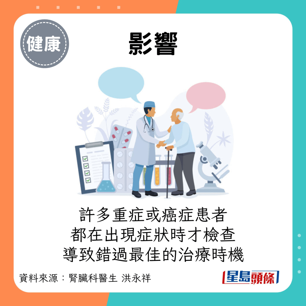 影響：許多重症或癌症患者都在出現症狀時才檢查，導致錯過最佳的治療時機。